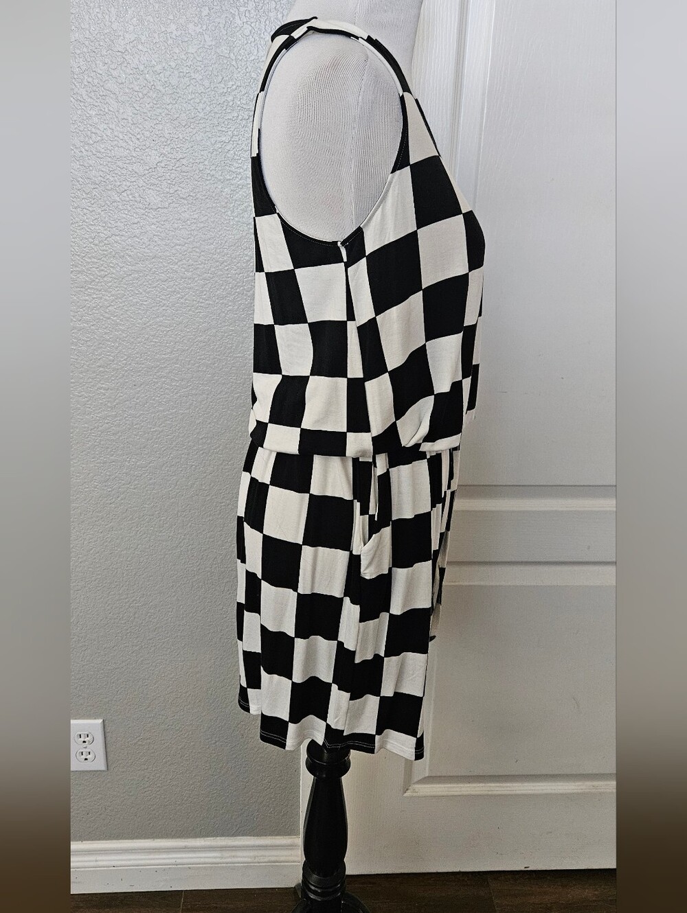 Checkerboard Drawstring Romper - Black/White - Picture 3 of 5